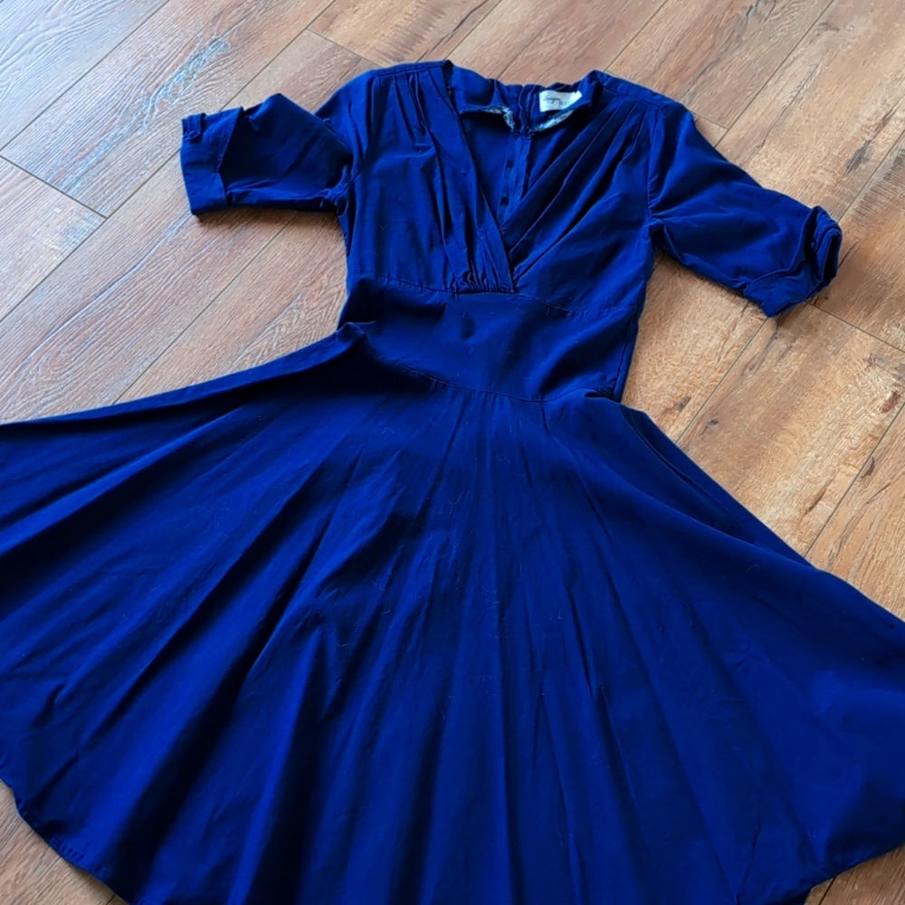 Unique Vintage Blue Delores Swing Dress with Sleeves - Size L